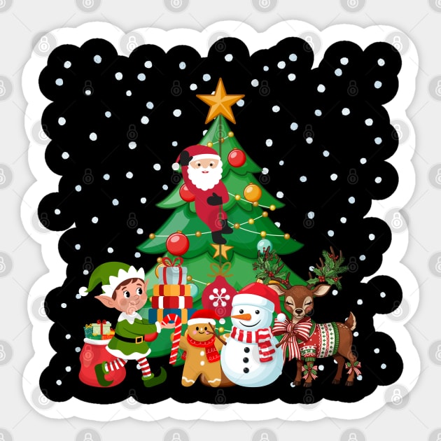 Magical Christmas Tree Scene with Santa, Elf, Snowman, Reindeer Sticker by Creatifly Graphic Tees